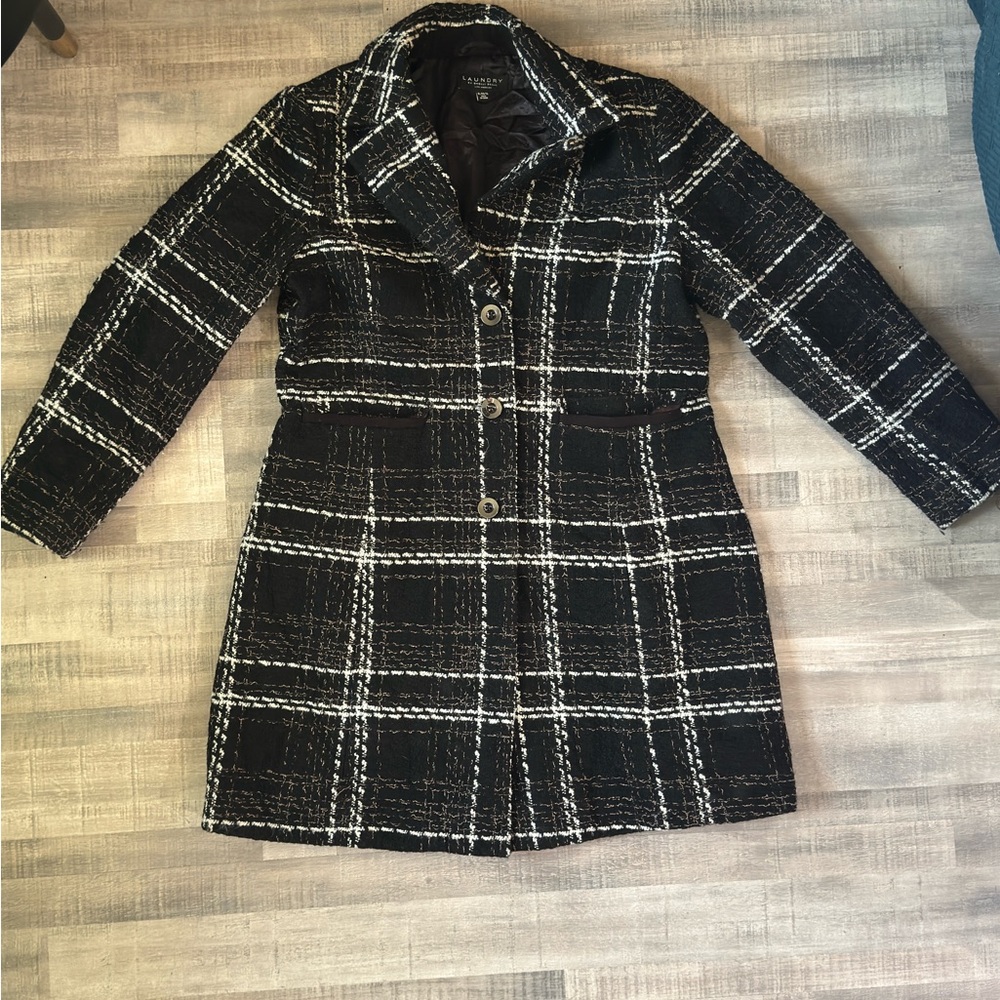 Laundry By Shelli Segal Black and White Plaid Trench Coat